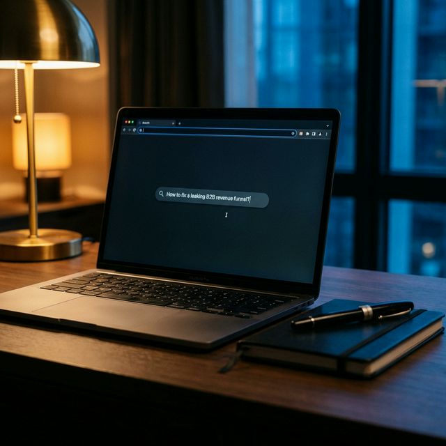 A premium workspace at night with a laptop showing a problem-oriented search query: 'How to fix a leaking B2B revenue funnel?'