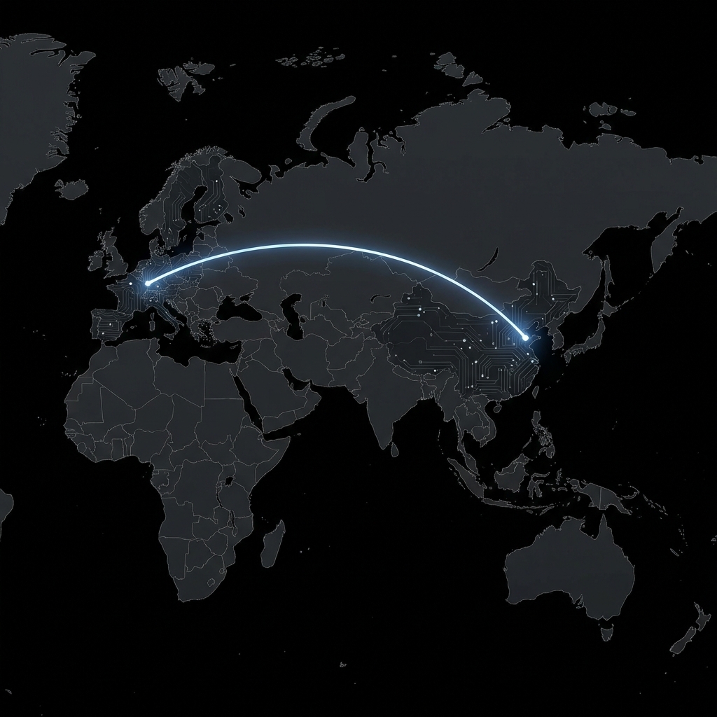 Stylized world map with a trajectory connecting two regions, representing responsible market expansion
