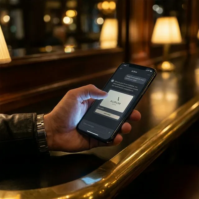 A hand holding a smartphone in a dimly lit cafe, showing a sleek dark-mode AI interface with a subtle 'Sponsored' card integrated into the chat.